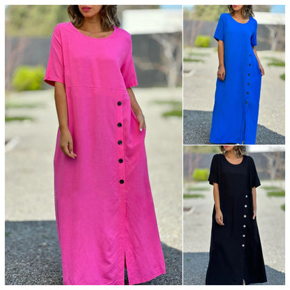 🔥👗【S-5XL】2024 rochie nouă de vară pentru femei, cu mâneci scurte, de culoare uni, cu gât rotund