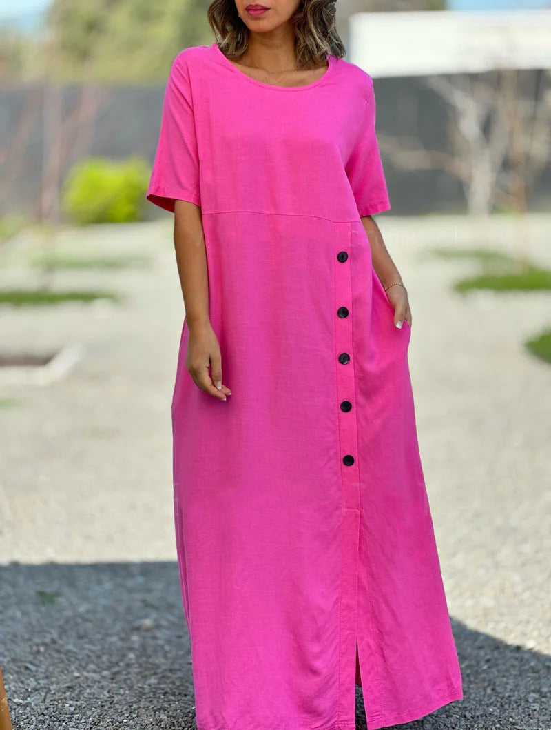 🔥👗【S-5XL】2024 rochie nouă de vară pentru femei, cu mâneci scurte, de culoare uni, cu gât rotund