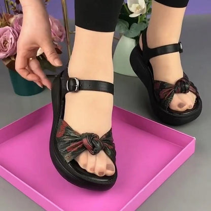 🔥【50%OFF】💐😘2024 sandale noi cu fundă cu imprimeu etnic cu talpă groasă
