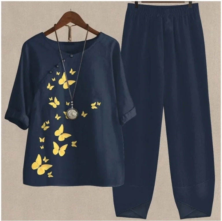 【M-5XL】Costum din două piese cu topuri și pantaloni imprimate de primăvară