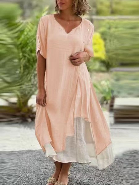 💗【S-4XL】Rochie elegantă cu decolteu în V din bumbac cu două piese neregulate